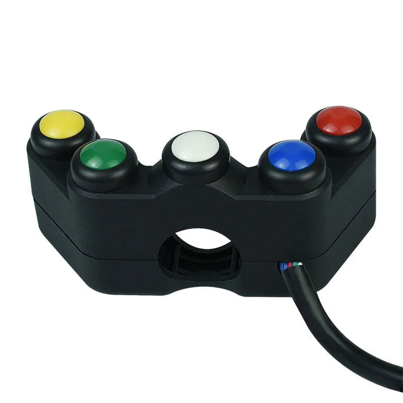 Plastic five-position vehicle switch with red, yellow, blue, green, and white buttons and a 52cm black wire.