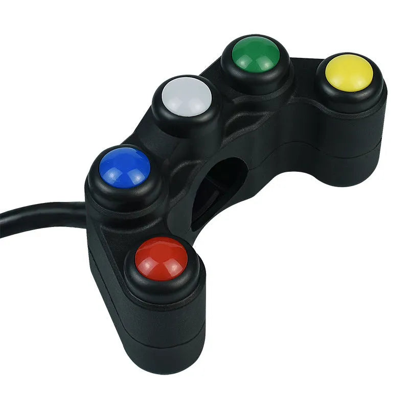 Plastic five-position vehicle switch with red, yellow, blue, green, and white buttons and a 52cm black wire.