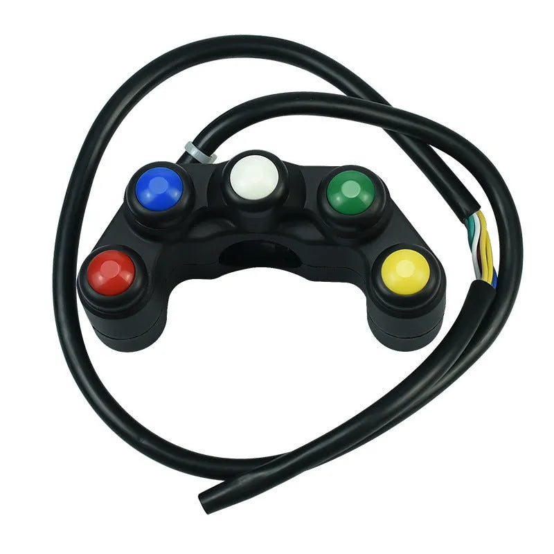 Plastic five-position vehicle switch with red, yellow, blue, green, and white buttons and a 52cm black wire.