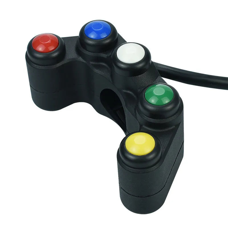 Plastic five-position vehicle switch with red, yellow, blue, green, and white buttons and a 52cm black wire.