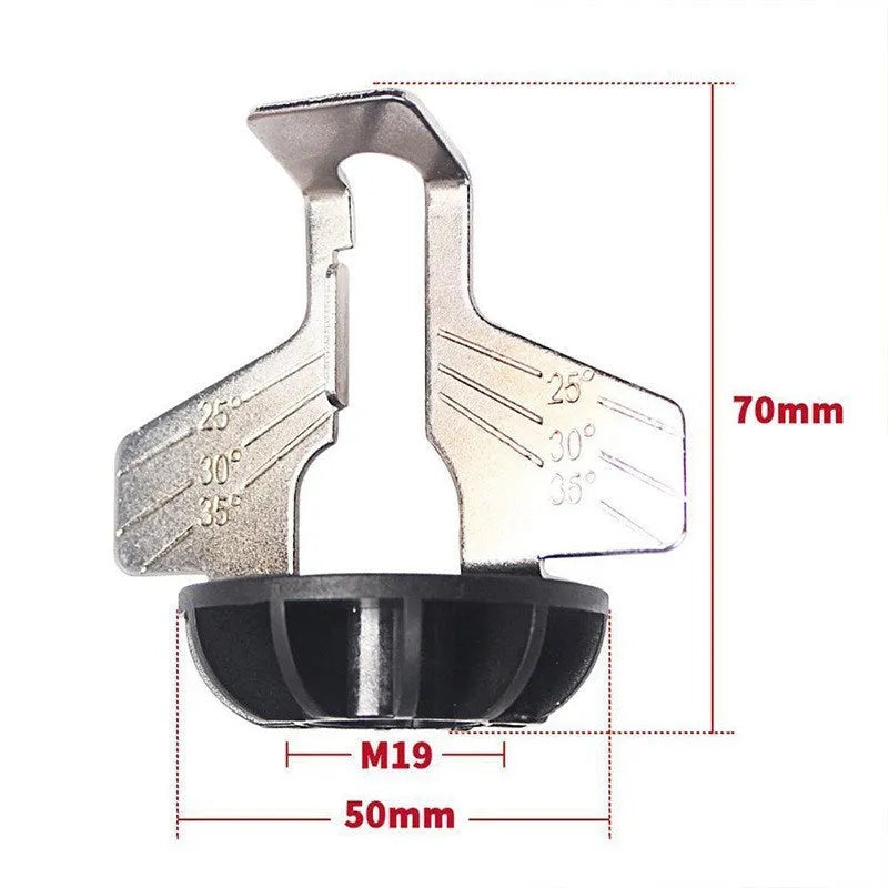 Silver mini electric chain grinding machine with metal band saw blade showing tooth detail