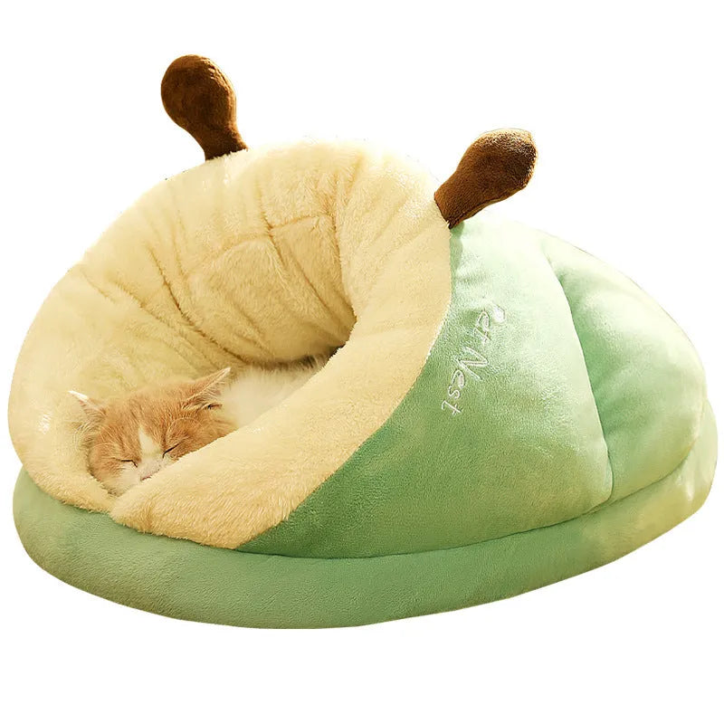Thick warm slippers nest pet bed in avocado green with raised walls for small cats and dogs
