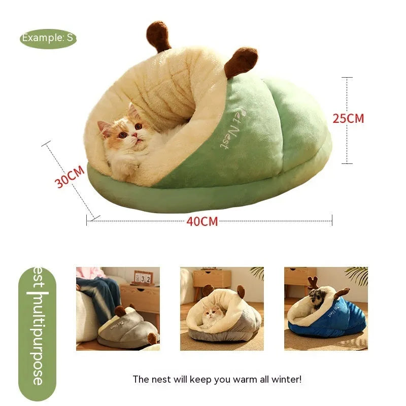 Thick warm slippers nest pet bed in avocado green with raised walls for small cats and dogs