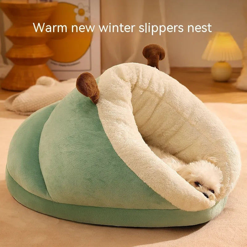 Thick warm slippers nest pet bed in avocado green with raised walls for small cats and dogs