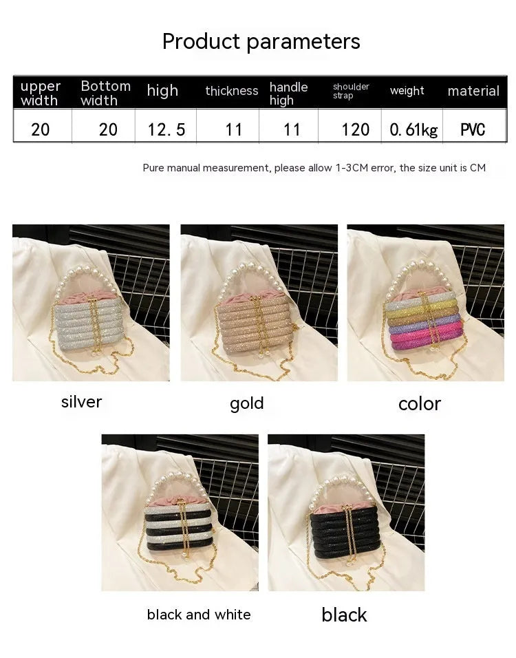Round women's crossbody handbag with beaded pearl embellishments and European retro styling in multiple colour options