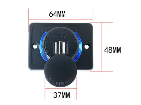 Black 12V car RV USB charger socket with dual ports and mounting screws
