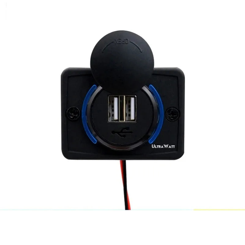Black 12V car RV USB charger socket with dual ports and mounting screws