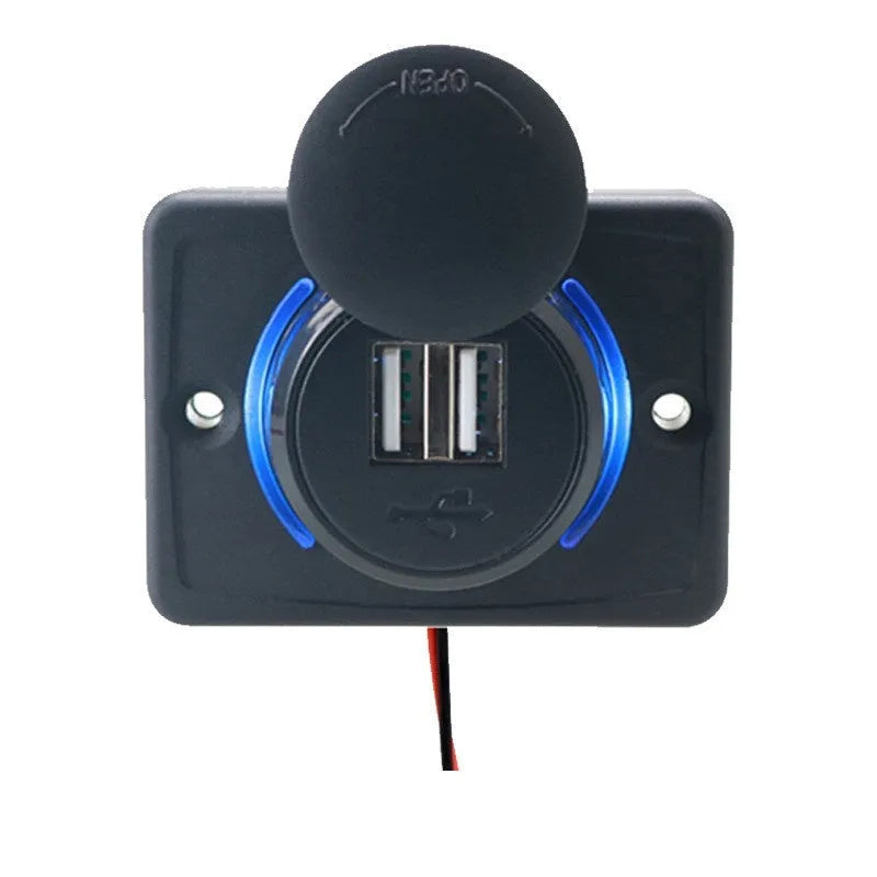 Black 12V car RV USB charger socket with dual ports and mounting screws
