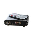 Silver audio source switch with infrared remote control and key switch on front panel, aluminium housing