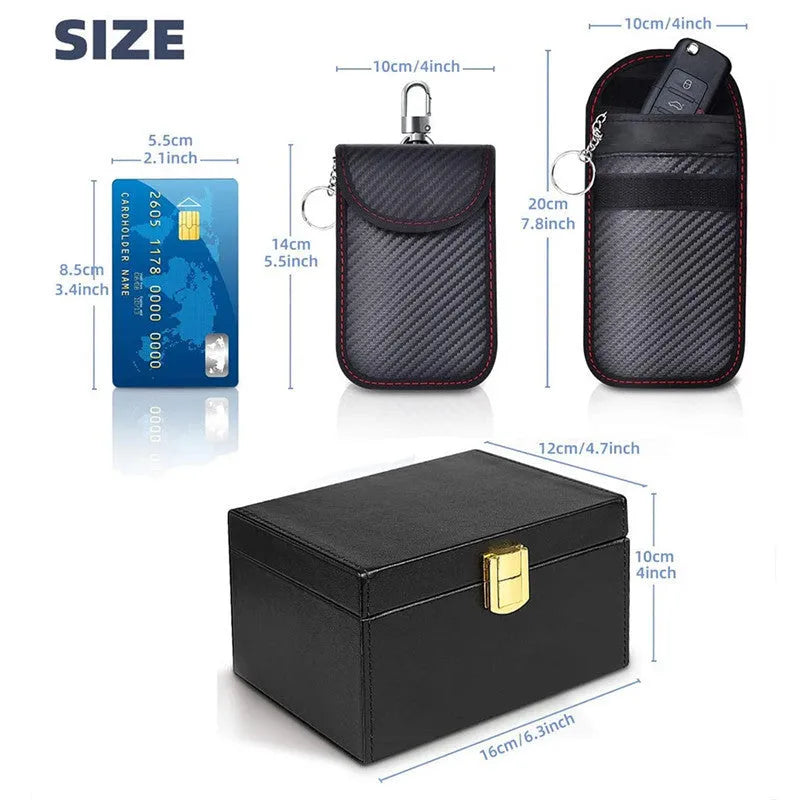 Carbon fibre RFID shielding box with two key cases, nano shielding lining, PU material, 16x12x10cm