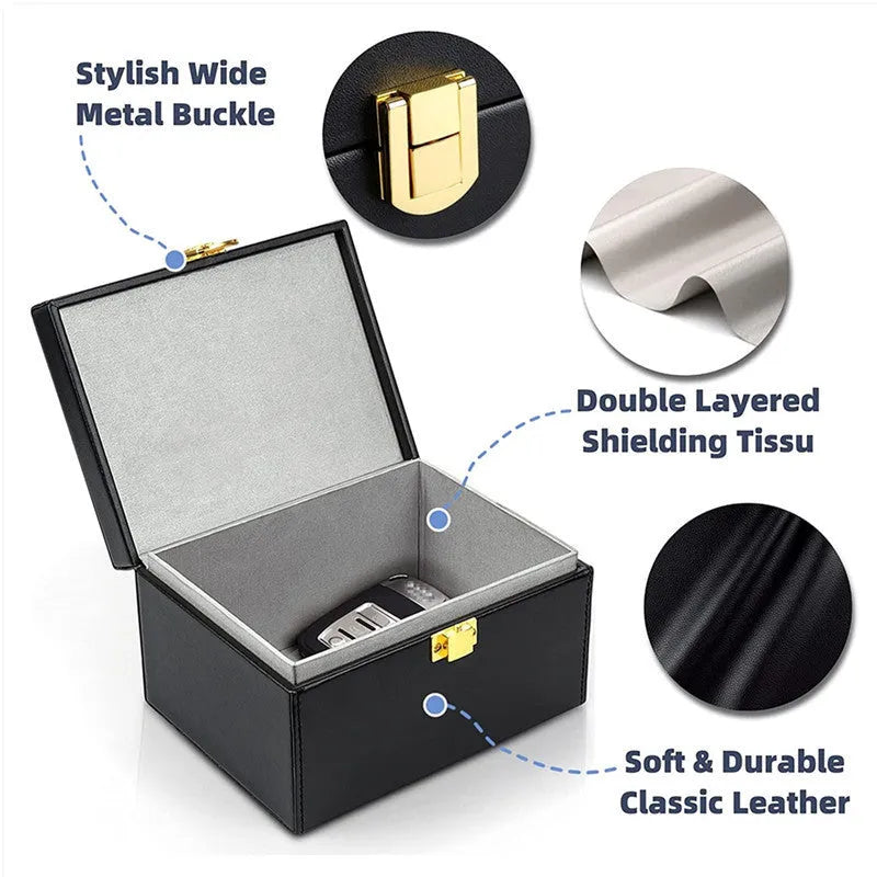 Carbon fibre RFID shielding box with two key cases, nano shielding lining, PU material, 16x12x10cm