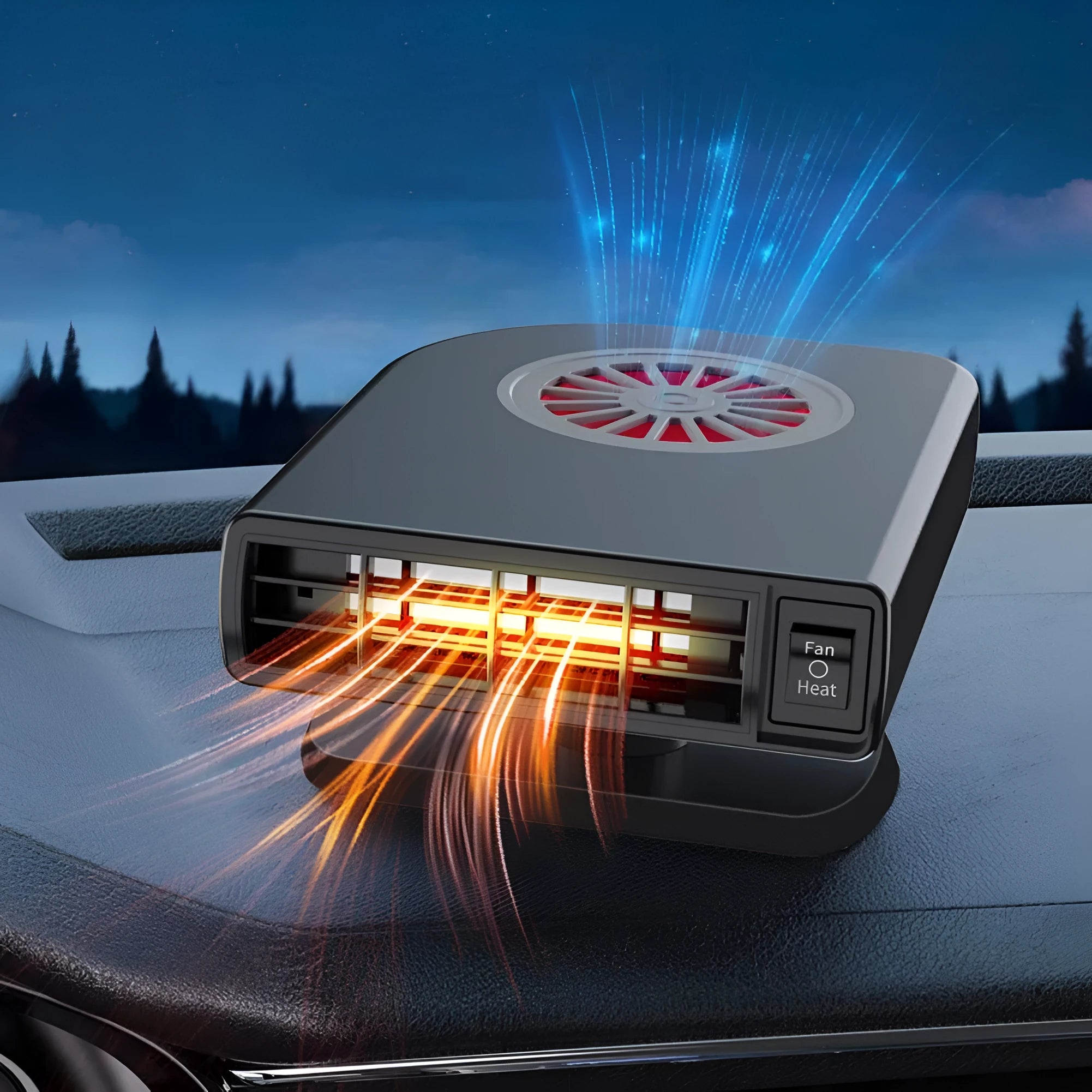 Black vehicle-mounted car heater with adjustable vents for defrosting and air purification