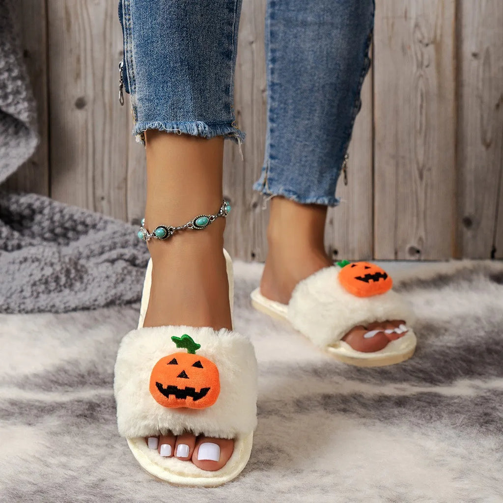 White and yellow Halloween pumpkin cartoon plush slippers with open toe and PVC sole.