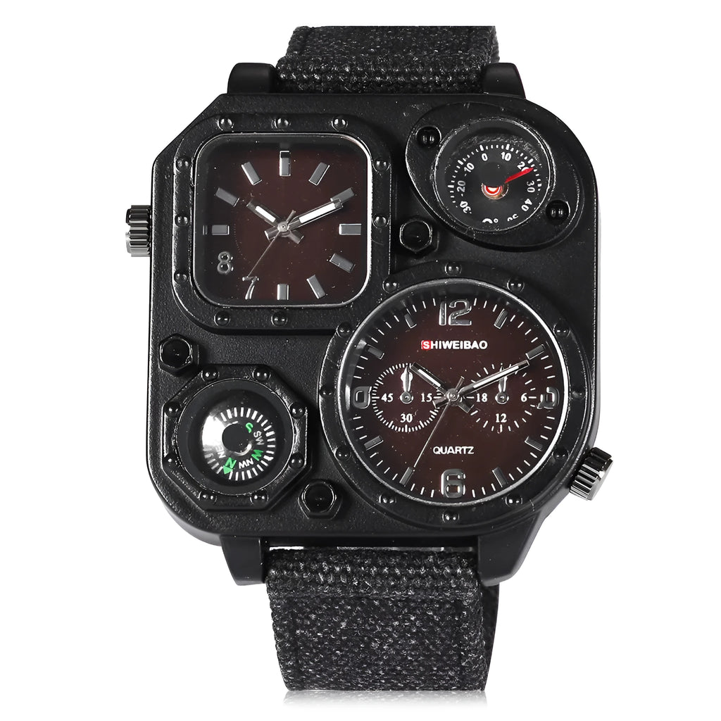 Men's military watch with multi-time zone dial, canvas strap, green colour variant, 5cm dial