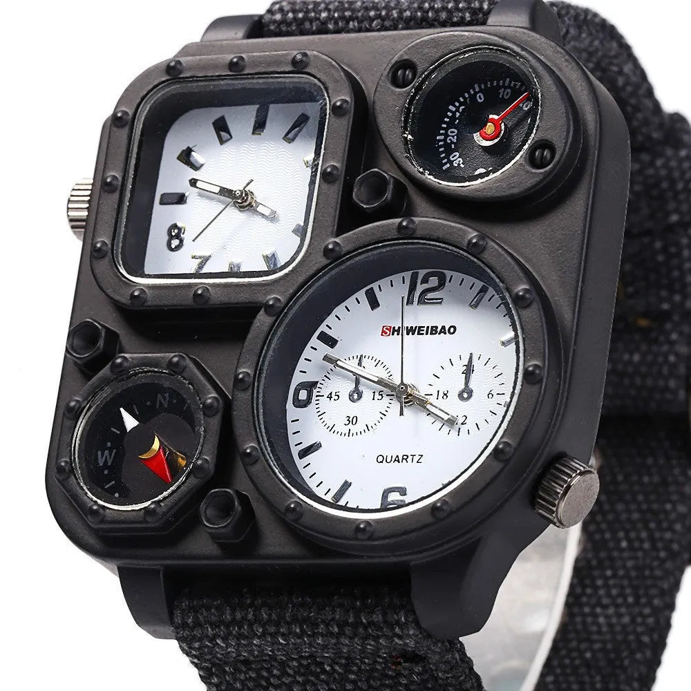 Men's military watch with multi-time zone dial, canvas strap, green colour variant, 5cm dial