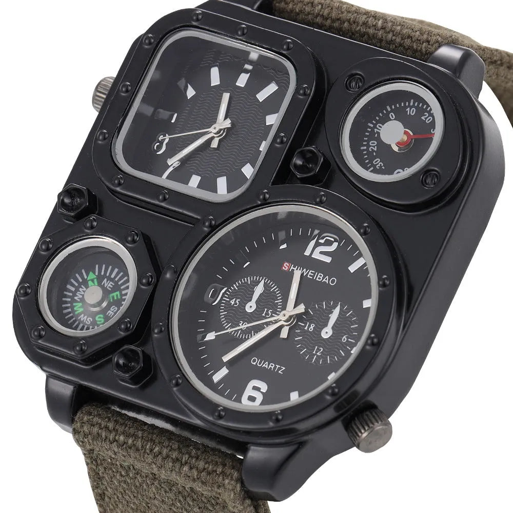 Men's military watch with multi-time zone dial, canvas strap, green colour variant, 5cm dial