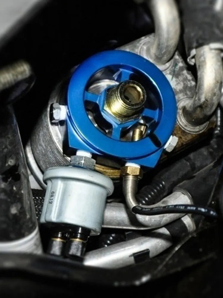 Universal oil pressure gauge adapter in aluminium alloy, multiple colour options on white background