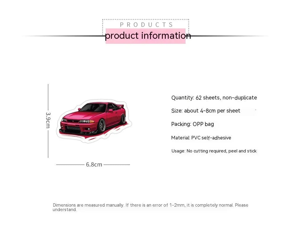 60 personalised sports car graffiti stickers in assorted designs measuring 5 to 7 centimetres