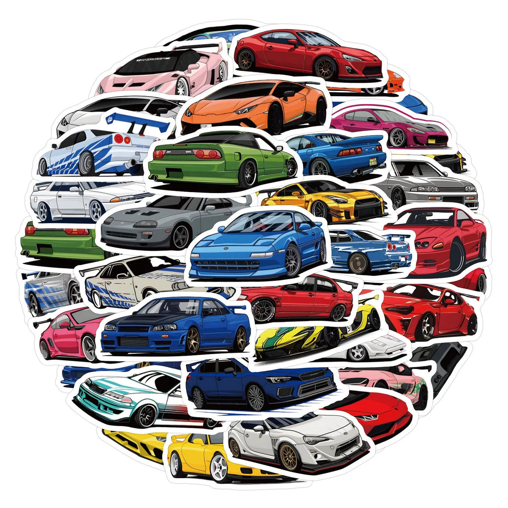 60 personalised sports car graffiti stickers in assorted designs measuring 5 to 7 centimetres