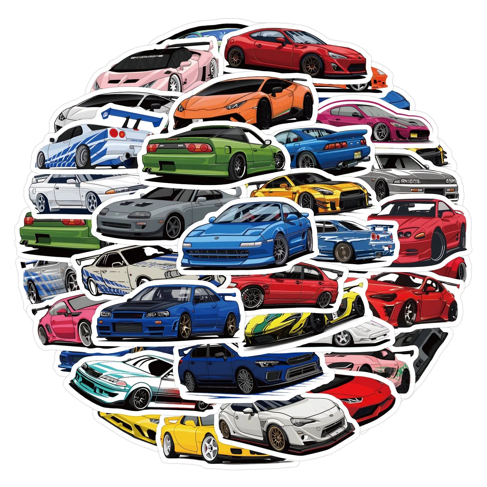 60 personalised sports car graffiti stickers in assorted designs measuring 5 to 7 centimetres