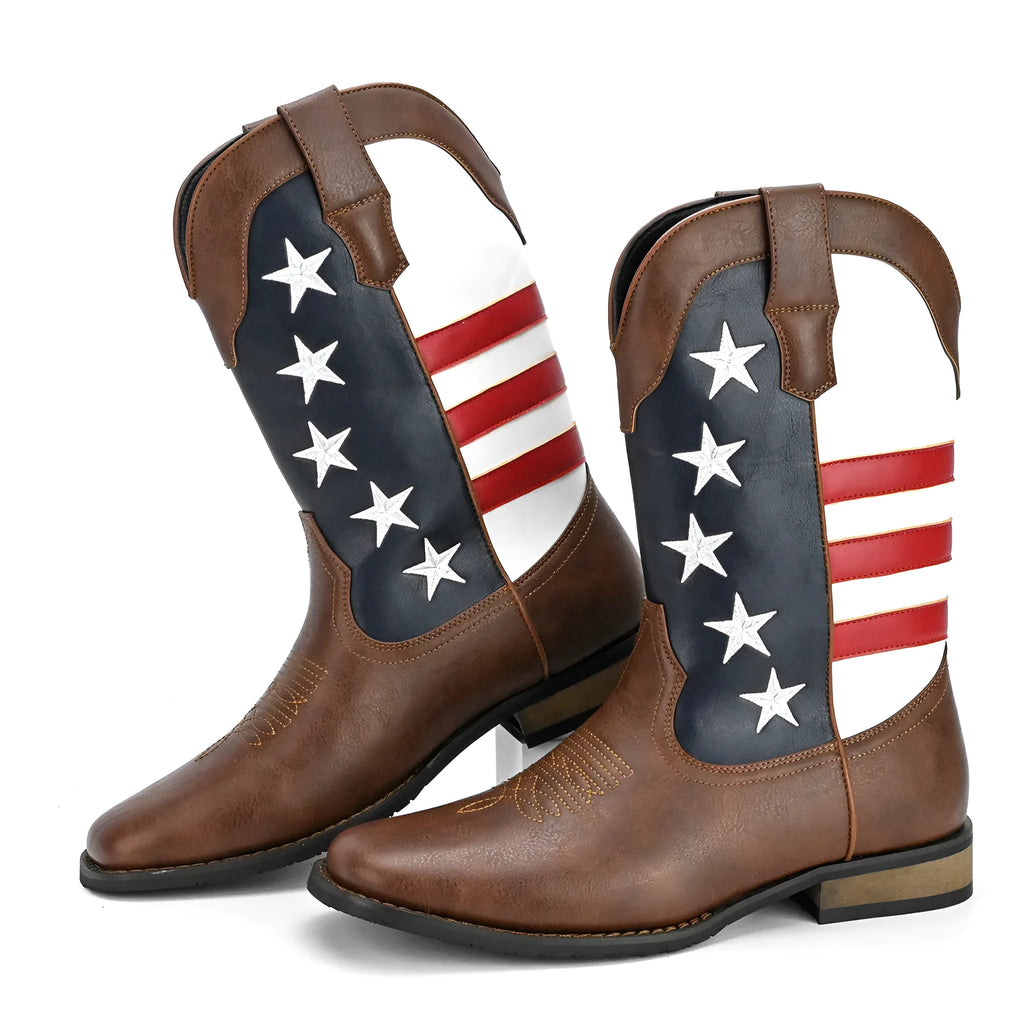 Men's Five-pointed Star Western cowboy boots with square heel, round toe, floral detail, artificial leather upper, black colour