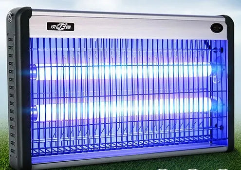 Indoor electric mosquito killing lamp with a protective grid, available in multiple wattages for home and restaurant use.