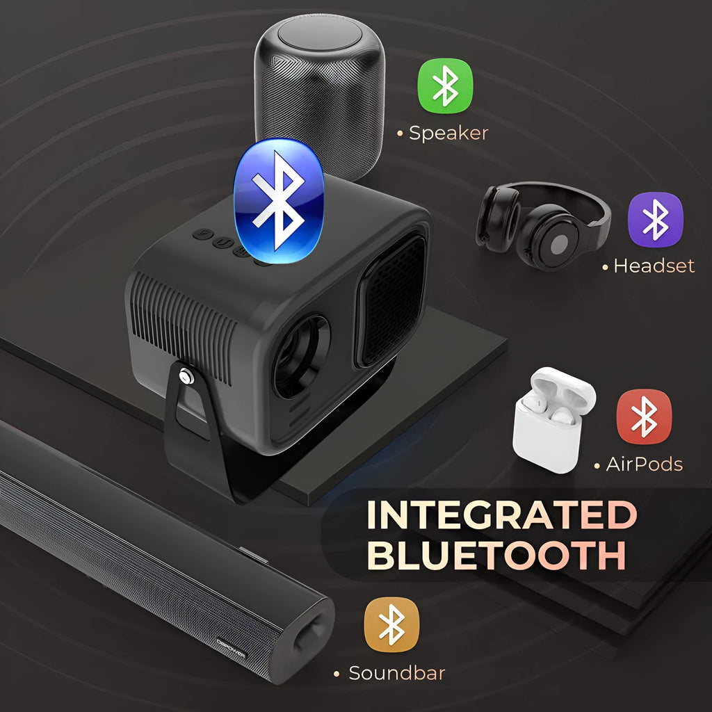 Black HD portable projector with remote control on home office desk