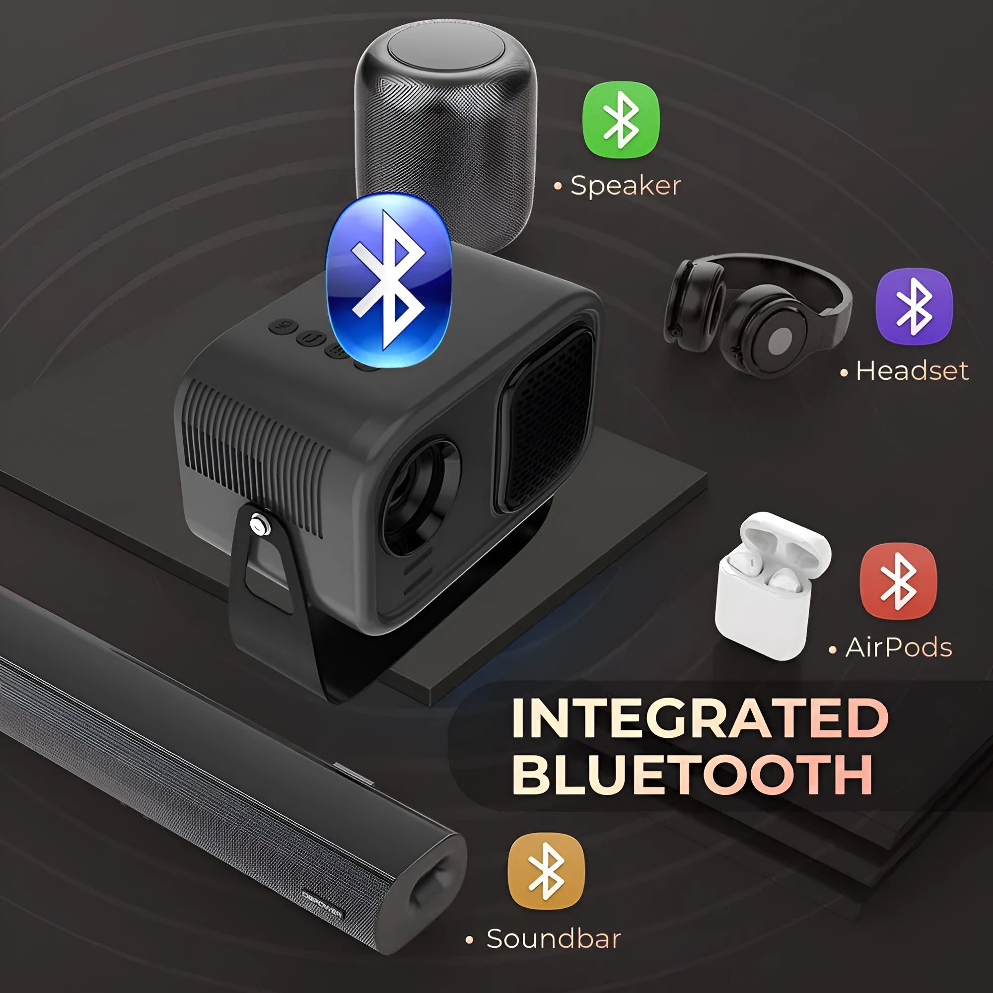 Black HD portable projector with remote control on home office desk