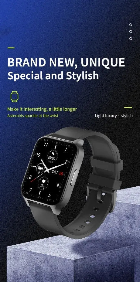 Smart colour screen health detection watch with black mesh strap displaying heart rate and blood oxygen data.