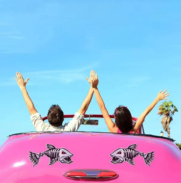 Reflective bumper sticker with horror skeleton shark fishing design covering car scratch, available in 15cm 25cm 30cm pairs