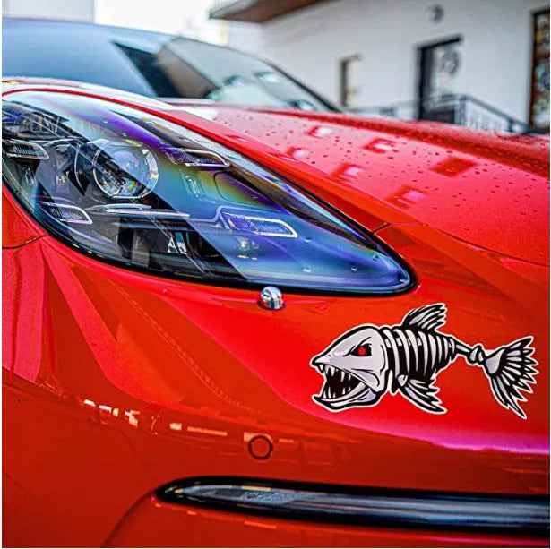 Reflective bumper sticker with horror skeleton shark fishing design covering car scratch, available in 15cm 25cm 30cm pairs