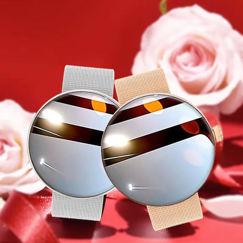 Women's circular smart watch with aluminium alloy case and metal strap, showing colour screen displaying health data.