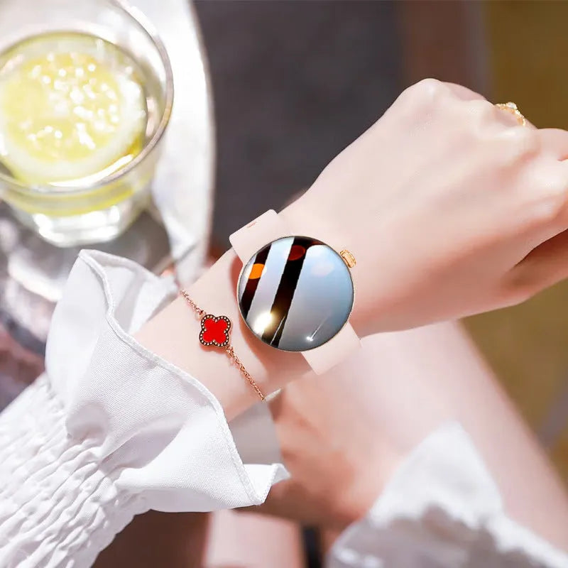 Women's circular smart watch with aluminium alloy case and metal strap, showing colour screen displaying health data.