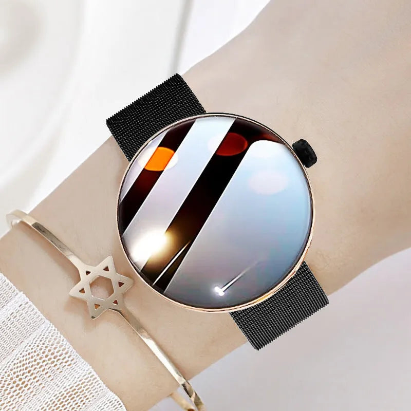 Women's circular smart watch with aluminium alloy case and metal strap, showing colour screen displaying health data.