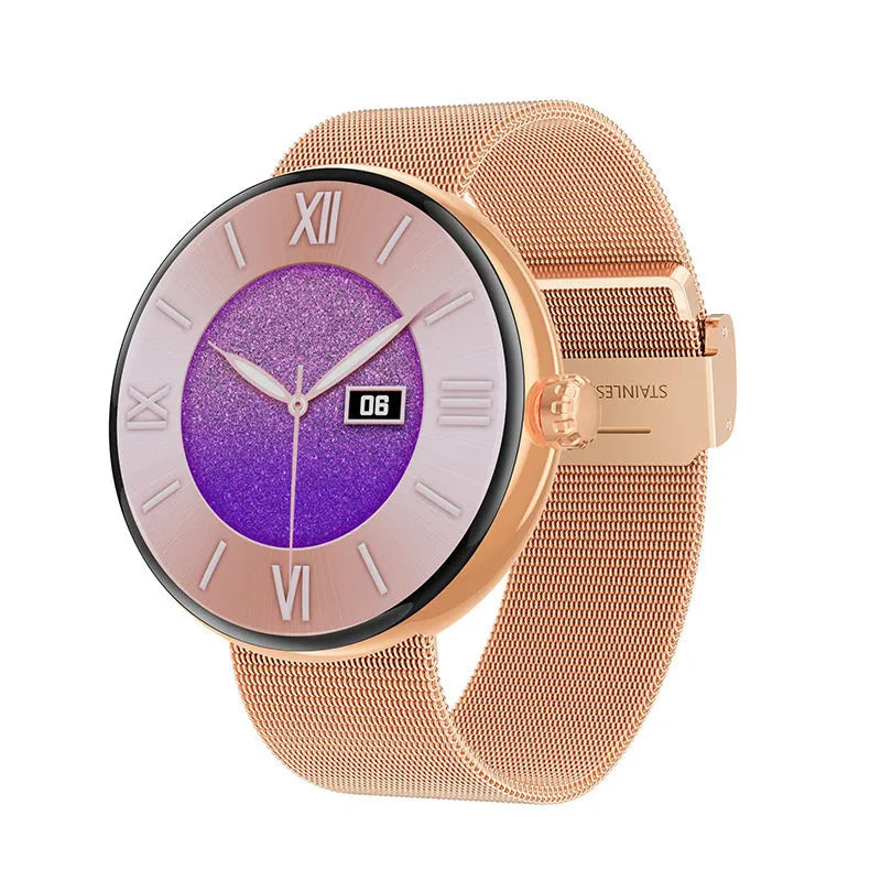 Women's circular smart watch with aluminium alloy case and metal strap, showing colour screen displaying health data.