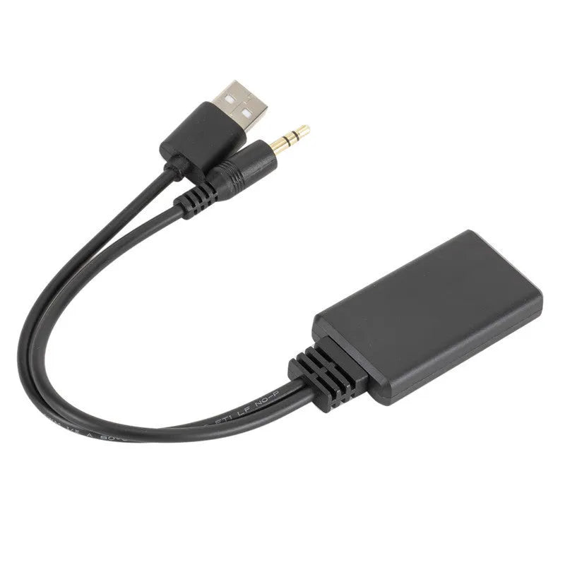 Black ABS plastic car aux Bluetooth audio receiver with USB and 3.5mm output interfaces