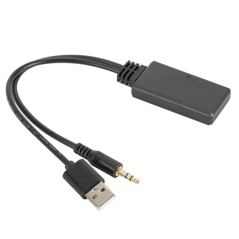 Black ABS plastic car aux Bluetooth audio receiver with USB and 3.5mm output interfaces