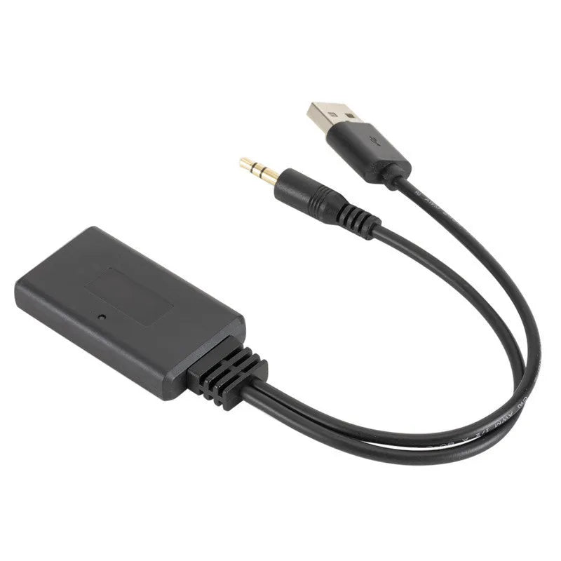 Black ABS plastic car aux Bluetooth audio receiver with USB and 3.5mm output interfaces