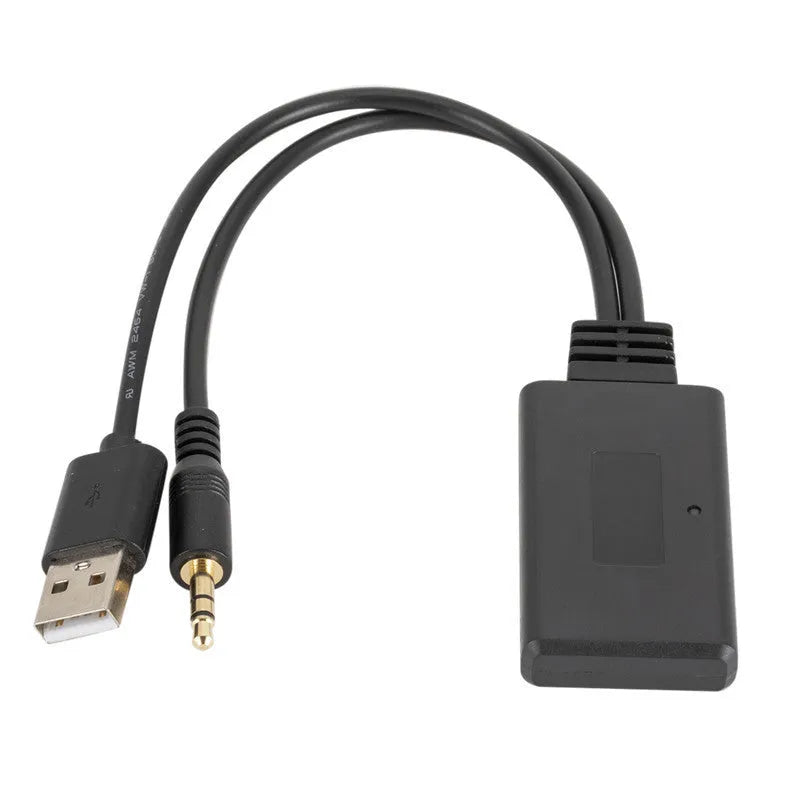 Black ABS plastic car aux Bluetooth audio receiver with USB and 3.5mm output interfaces