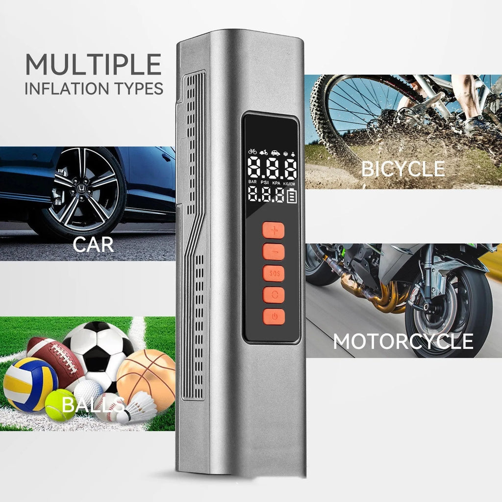 Wireless car tyre inflator with digital display and Type-C charging port, available in non-vacuum and vacuum styles