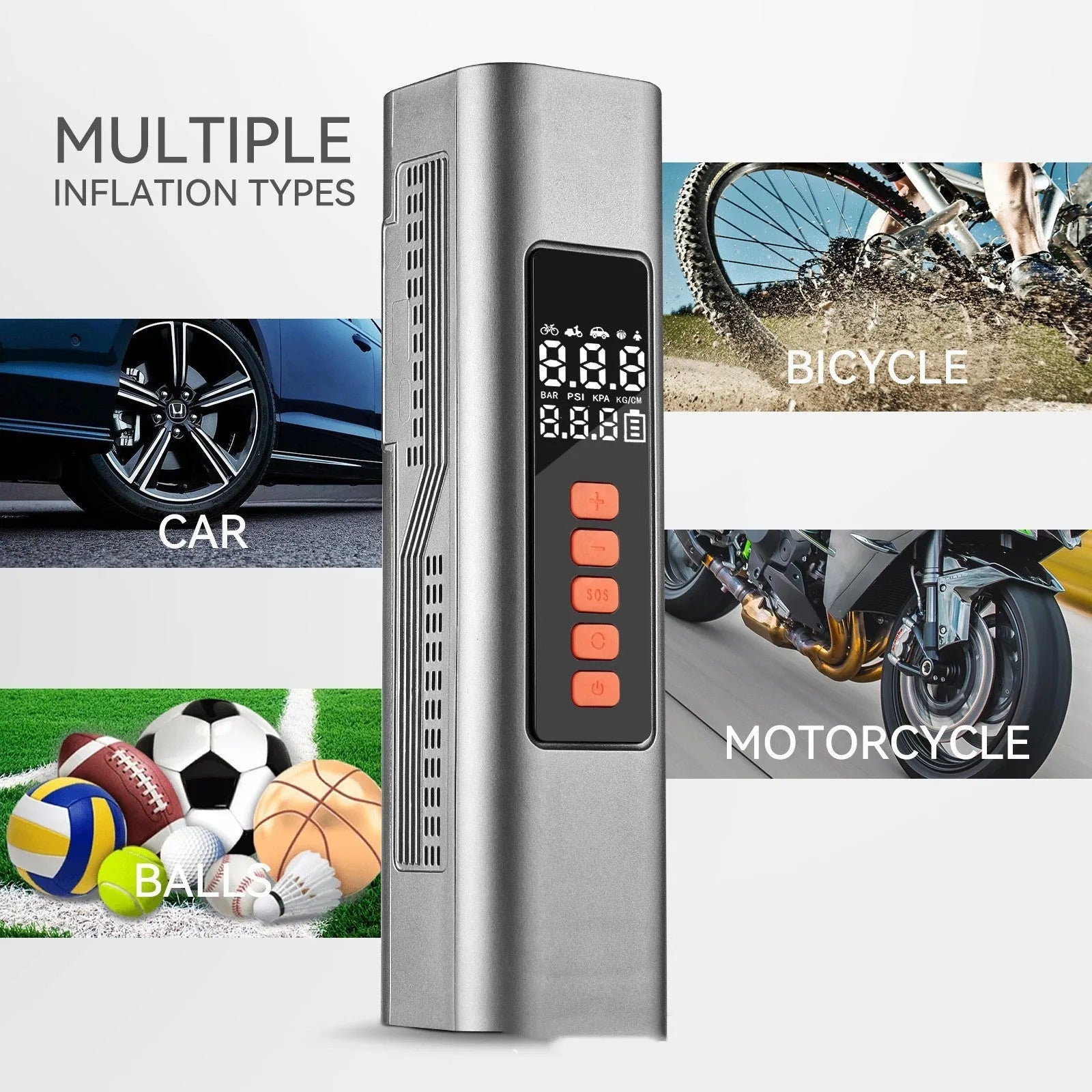 Wireless car tyre inflator with digital display and Type-C charging port, available in non-vacuum and vacuum styles