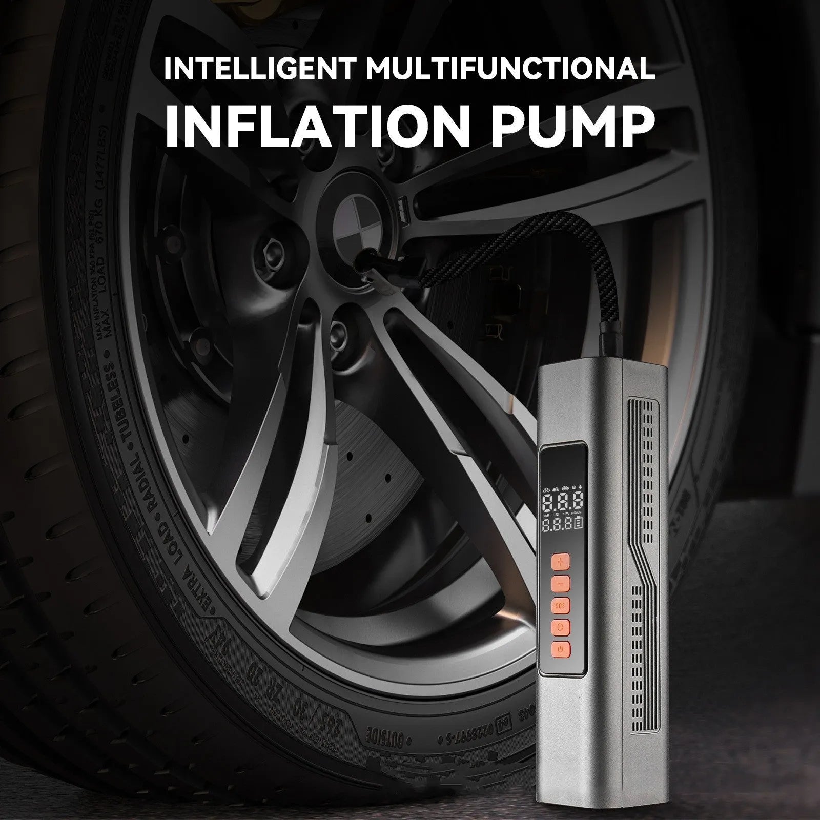 Wireless car tyre inflator with digital display and Type-C charging port, available in non-vacuum and vacuum styles