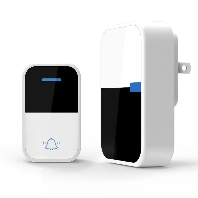 White plastic wireless doorbell with receiver unit and complementary component on modern home exterior