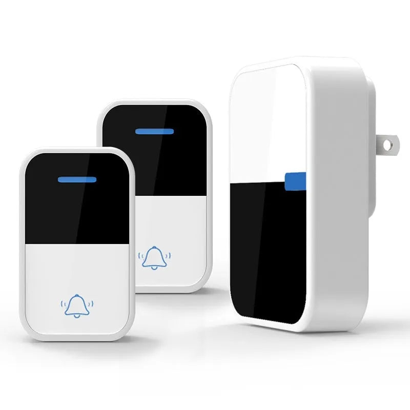White plastic wireless doorbell with receiver unit and complementary component on modern home exterior