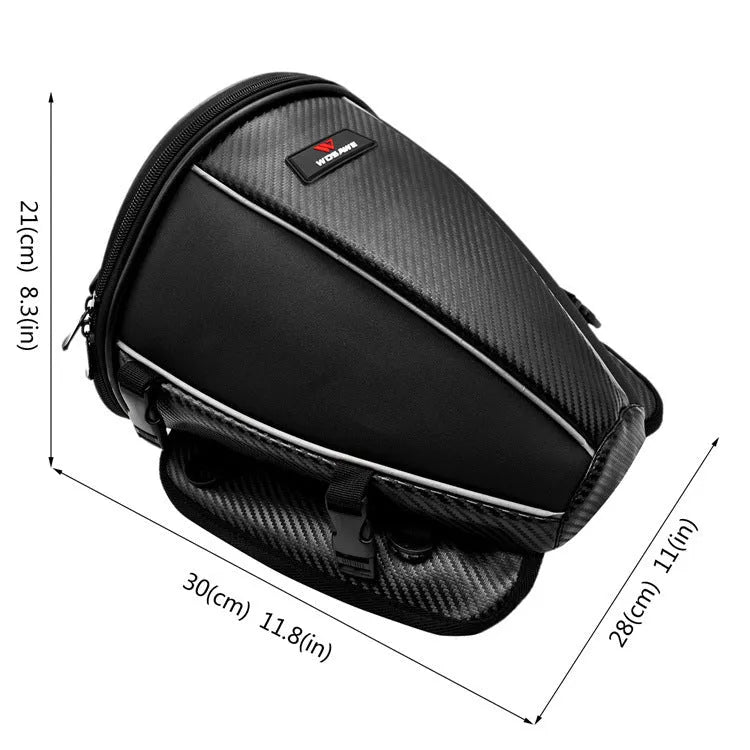 Black motorcycle fuel tank bag with reflective line, 15L capacity, PU and polyester construction