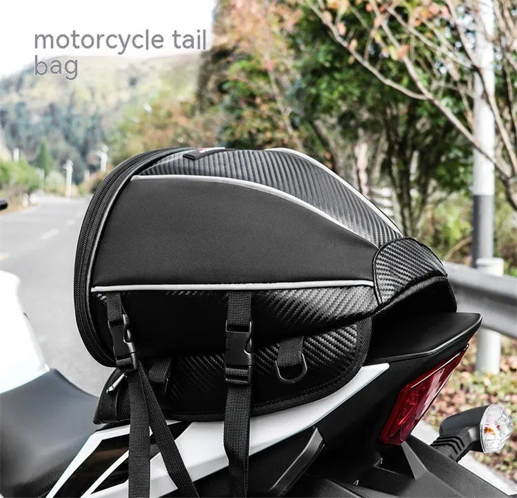 Black motorcycle fuel tank bag with reflective line, 15L capacity, PU and polyester construction