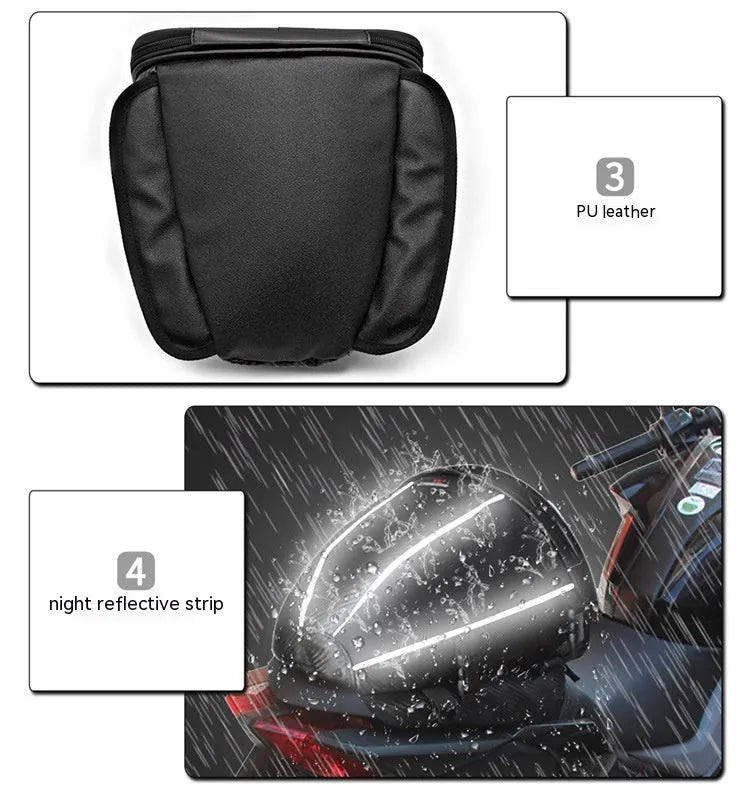 Black motorcycle fuel tank bag with reflective line, 15L capacity, PU and polyester construction