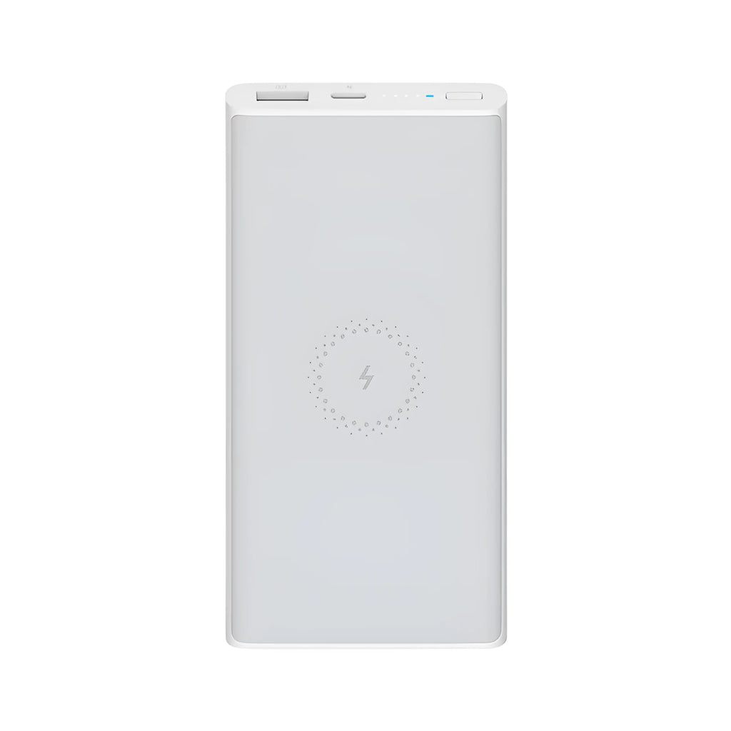 Black and white 10000mAh power bank with USB Type-C port and wireless charging