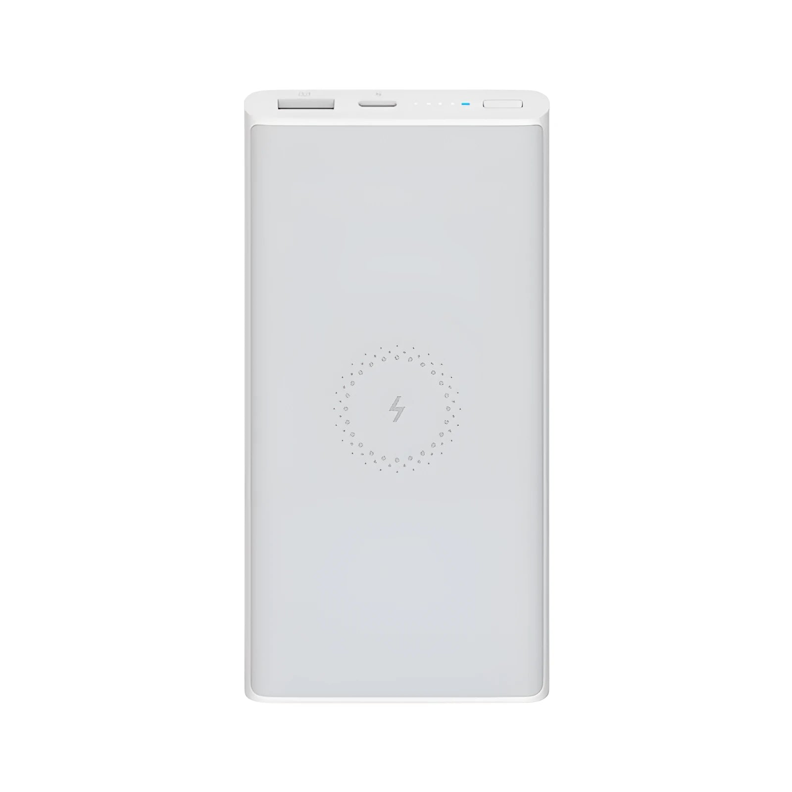 Black and white 10000mAh power bank with USB Type-C port and wireless charging