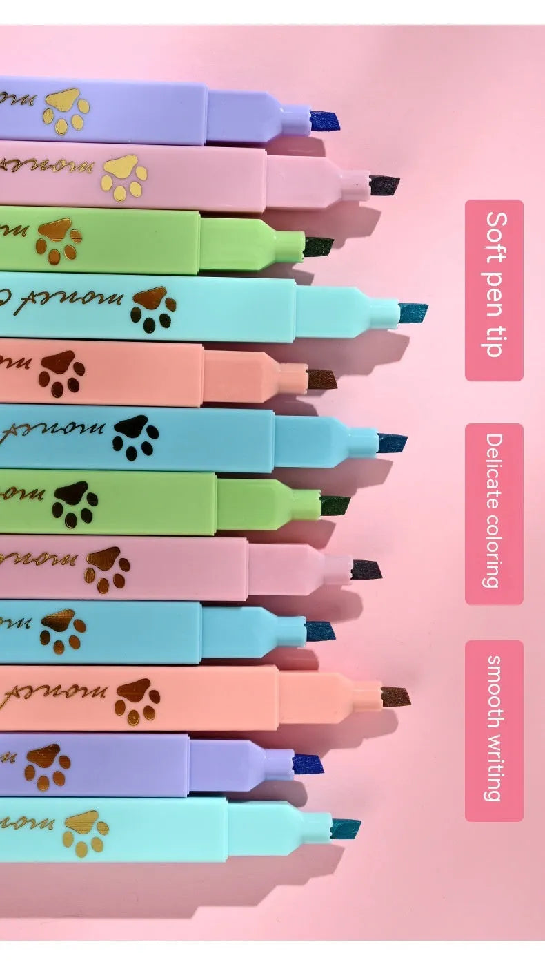Cat's Paw highlighter pen set with six fluorescent colours and oblique pen heads in a box.